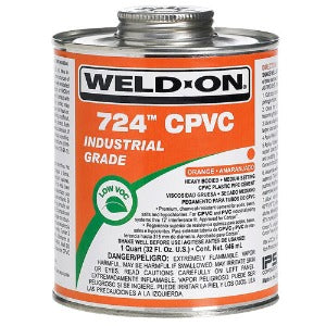 Weld-On 724 CPVC Adesivo Industrial, tipo cimento, em embalagem de 473 e 946 ml (1 pint) 13531, para tubulações de produto químicos, ácidos, bases, sais, hypocloritos e água de esgoto, aprovado para uso em sistemas de tubulação Corzan CPVC, código NCM 350691, produto importado, ficha técnica catalogo