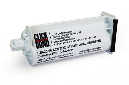 Clickbond CB420-50E Adesivo Acrilico, cartucho duplo, duas partes, cura em temperatura ambiente entre 15 e 18 minutos, 35 ml, para uso com dispensador CB100-81 e ponta misturadora CB106, NCM 350691, Ficha Tecnica Datasheet